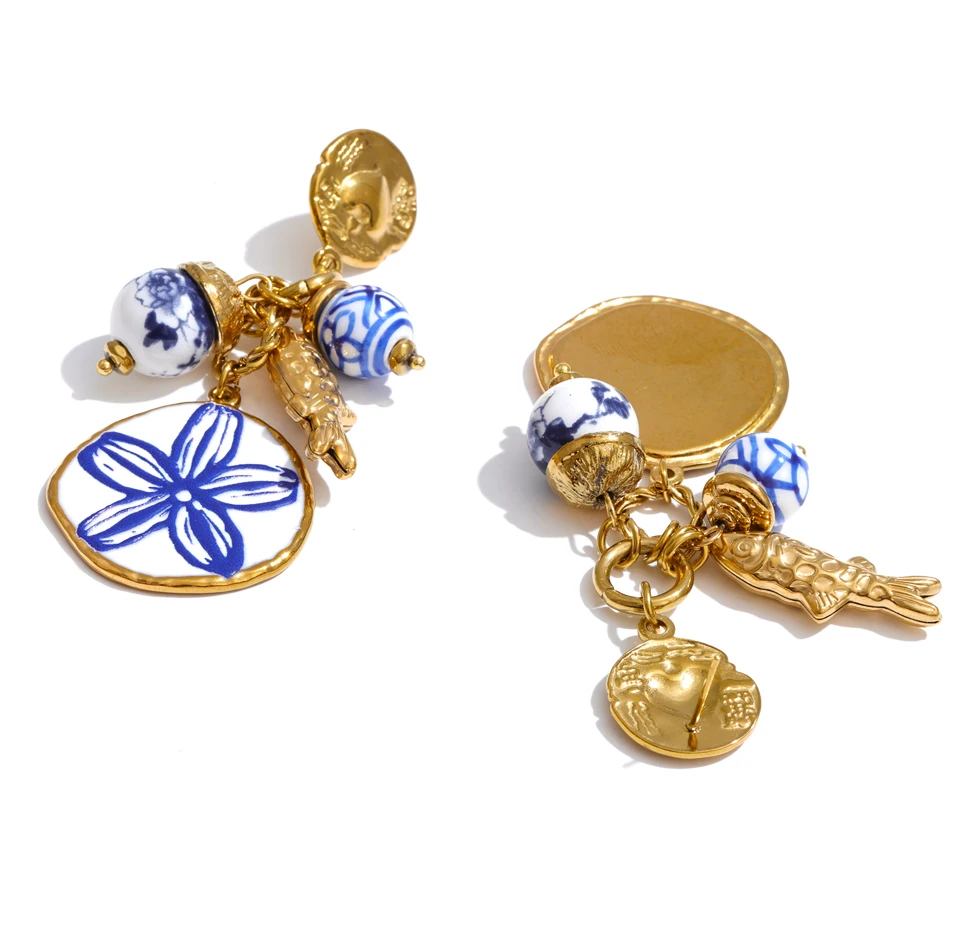 Yhpup Exklusiver Stil Edelstahl-Keramikperlen-Blumen-Tropfen-Ohrringe Allergievorbeugend Sommer Goldener Ästhetischer Schmuck – Detail 3