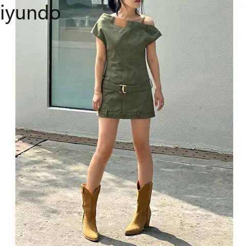 เซ็กซี่ย้อนยุคปิดไหล่ชุดยีนส์หญิง 2025 ฤดูร้อนออกแบบซอกสาวร้อนหลอดด้านบนA-Lineสั้น Плае ЖVestidos