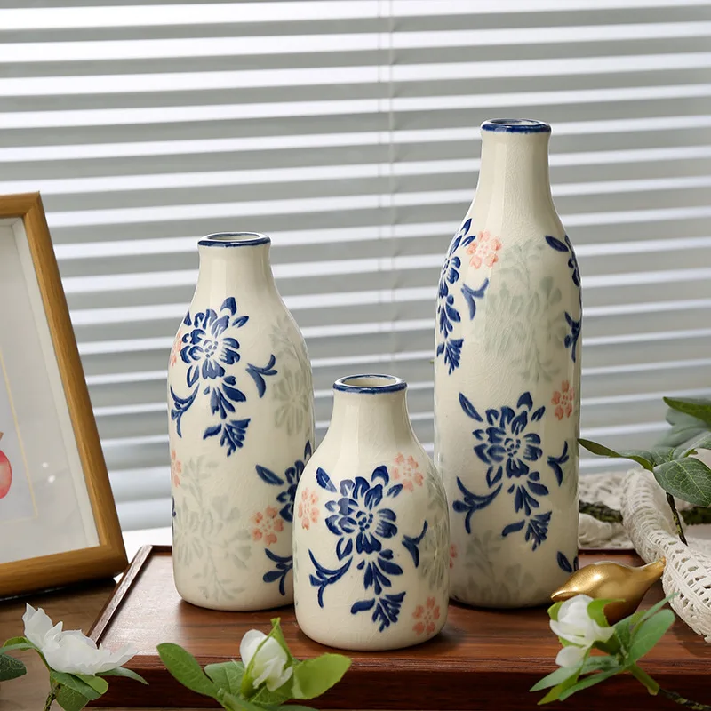 

DSA new Chinese hand-painted blue and white porcelain vase ornament living room flower utensils homestay decoration home