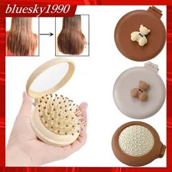 【READY STOCK】Mini Hair Massage Comb Portable Air Cushion Combs 2 in 1 Cute Teddy Folding Hair Comb with Mirror / Cermin Sikat