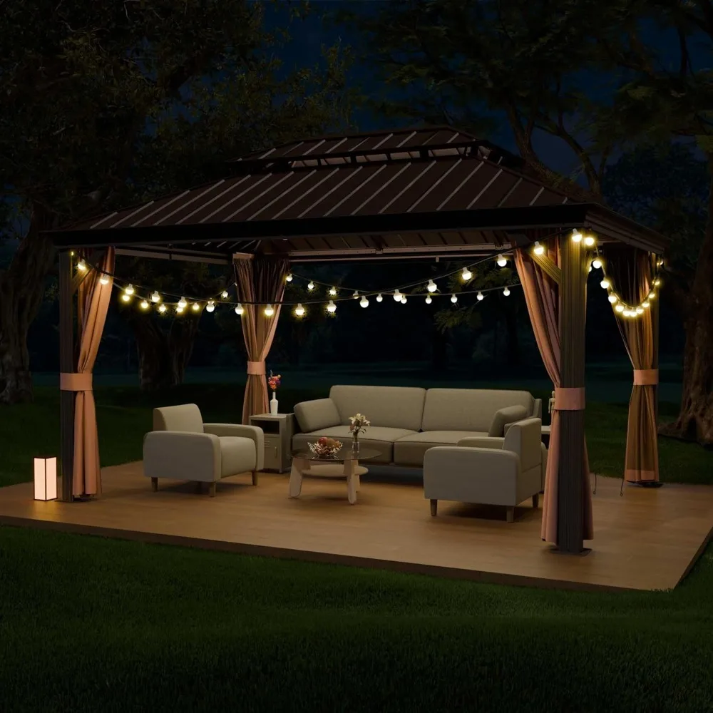 10'x12' Hardtop Gazebo, Outdoor Aluminum Frame Galvanized Steel Double Roof Pavilion with Netting and Shaded, Customized