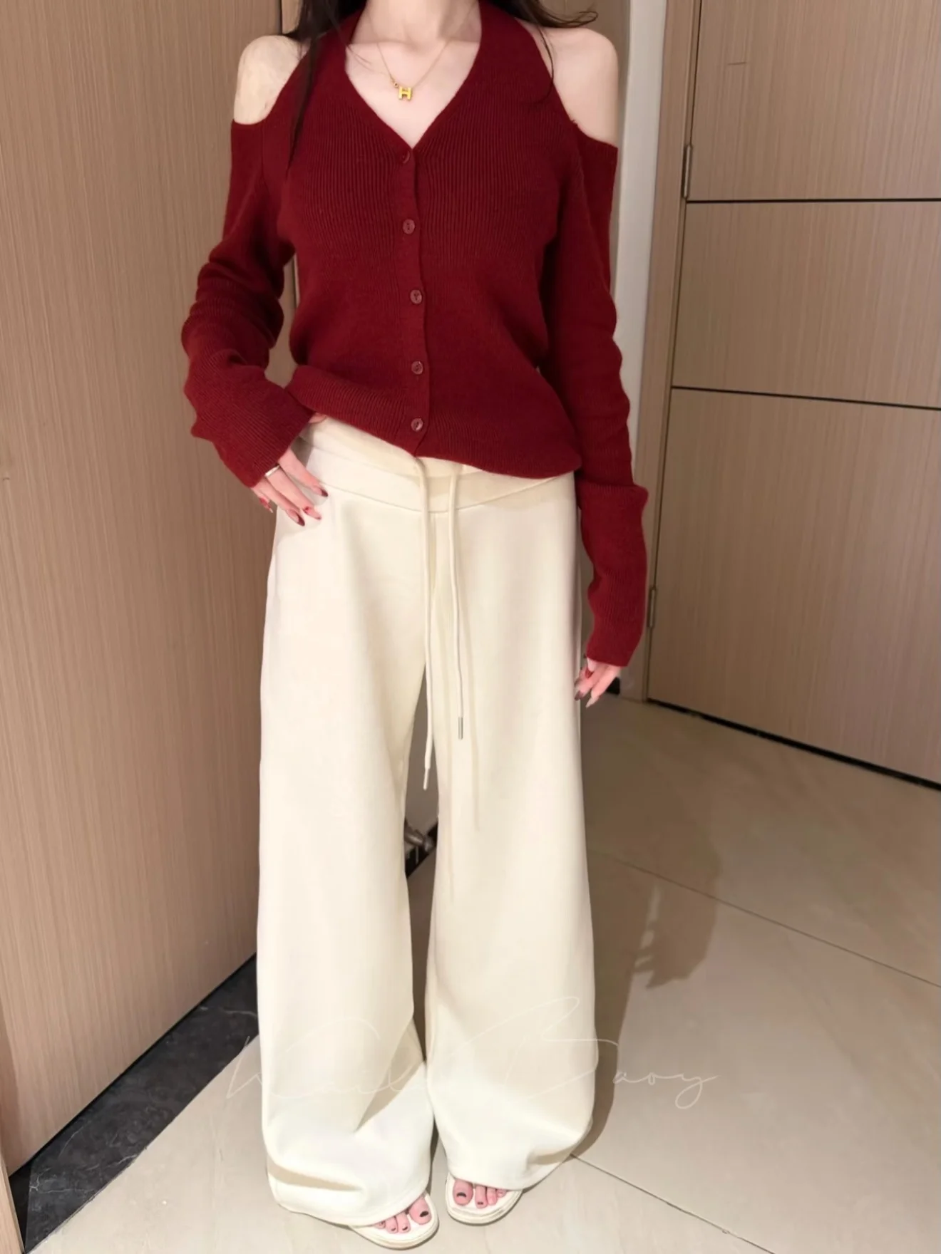 

Laid-back Girl Daily Walk Knitted Sweater Long Sleeve Fleece Wide Leg Pants Set Women's Loose Style High Waist Autumn Winter