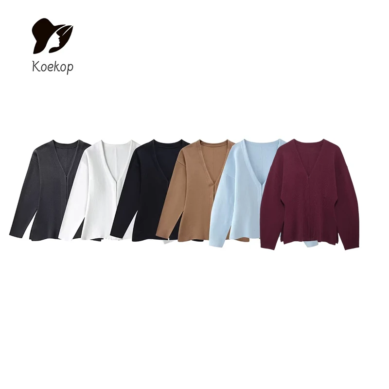 Koekop Fashion Front Hook Fitted Knit Cardigan Sweater, V Neck, Long Sleeves, Side Split Hem, Female Outerwear, Chic Tops,