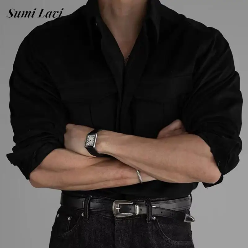 Fashionable Mens Long Sleeve Shirts 2026 Autumn New Casual Solid Color Multi Pocket Cargo Shirt Tops Men Vintage Cardigan