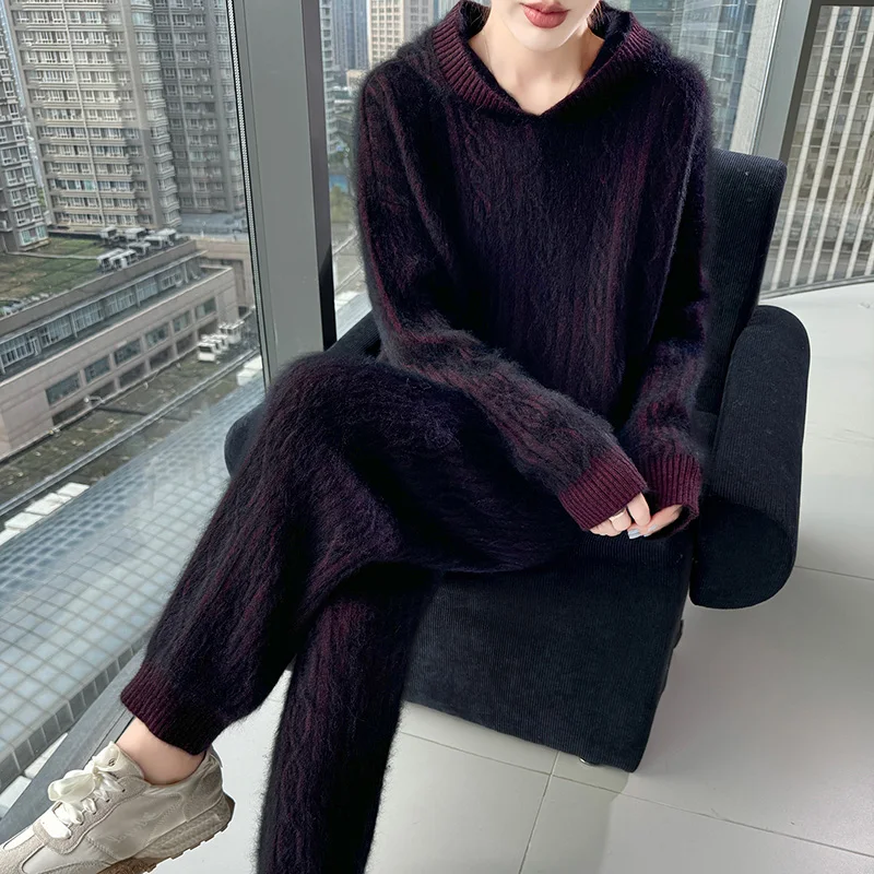 Women's Mink Cashmere Knit Lounge Sets Hooded Sweater Simple Soft Elasticity Sport Pencil Pants Fall Winter Fashion 2-piece Suit