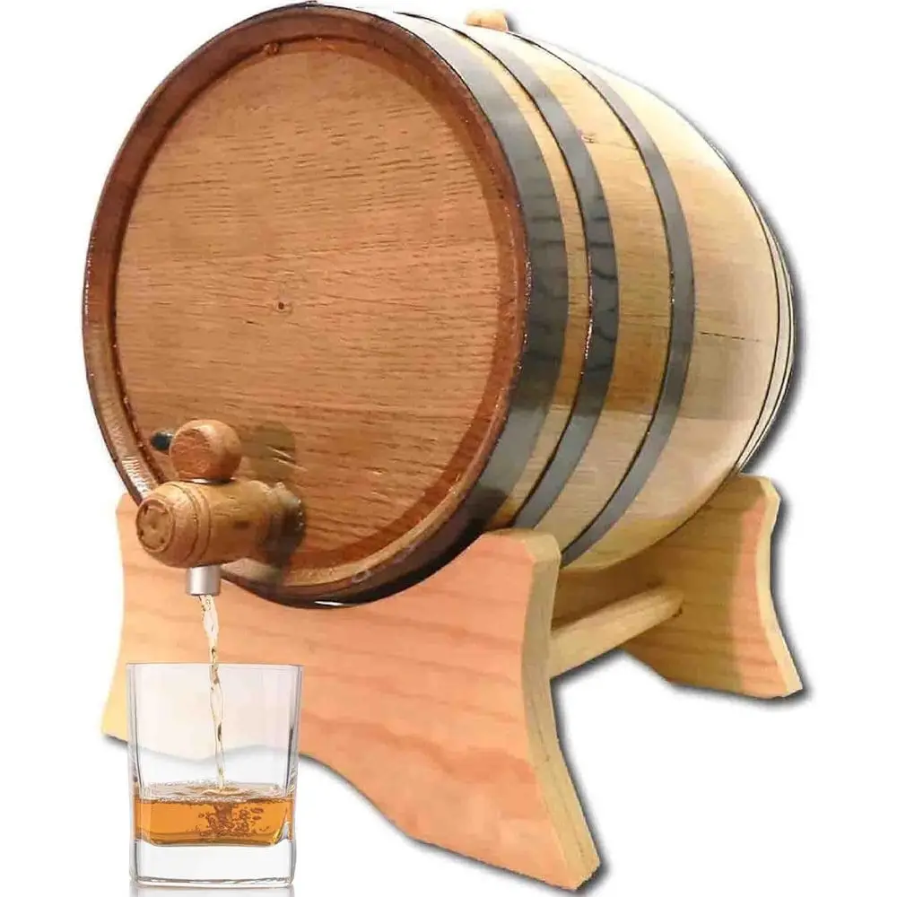 

Дубовая бочка для выдержки на 5 галлонов (20 литров) с подставкой, пробкой и краном - деревянная бочка для виски/вина - для дома, для дистилляторов