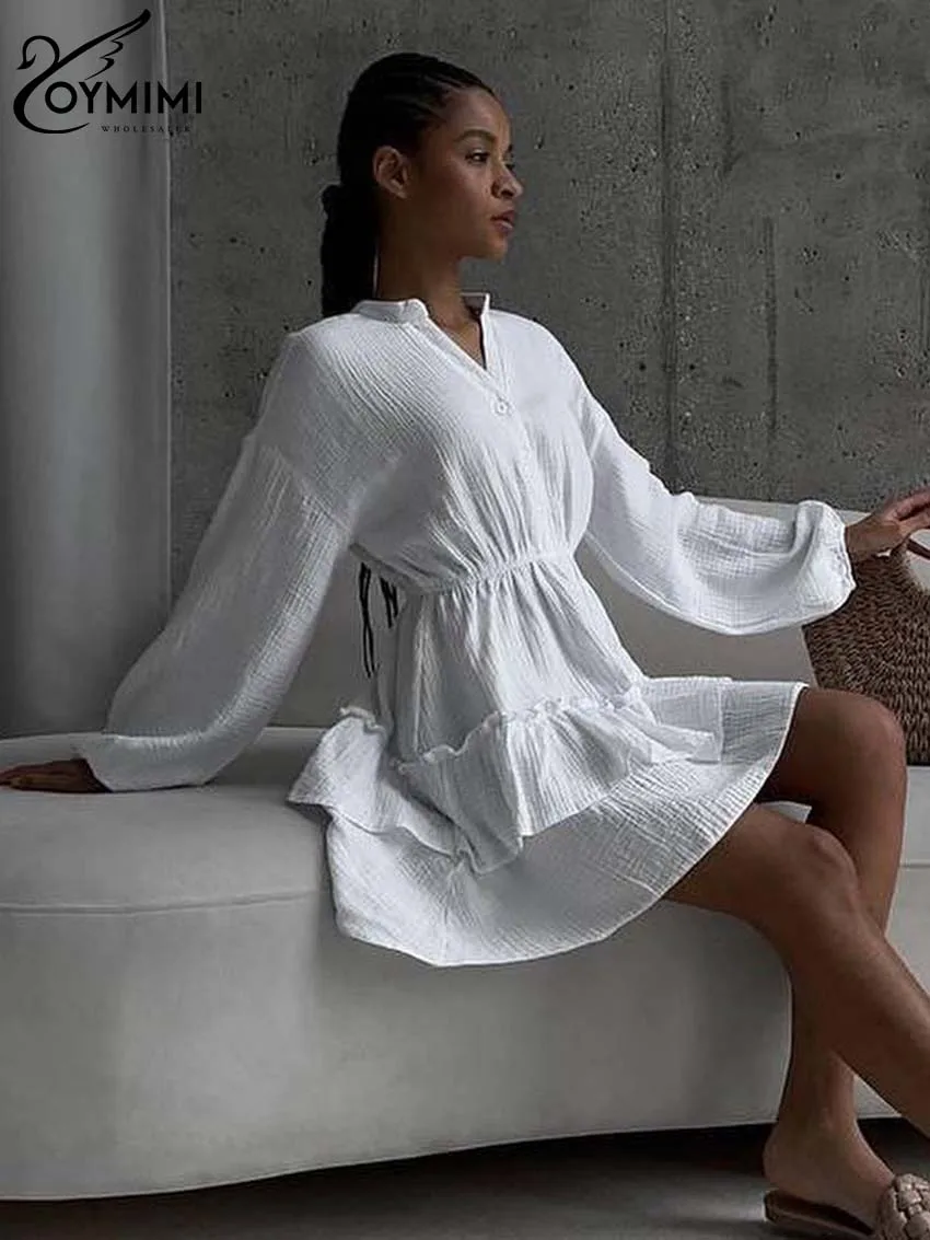 Oymimi Elegant White Cotton Dresses 2024 Women Casual Long Sleeve Button Solid Dresses Fashion High Waisted Pleated Mini Dress