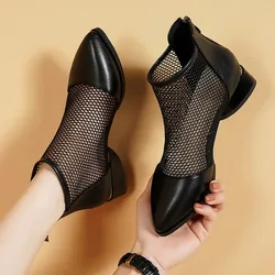 New Arrive Summer Sexy Mesh Ankle Boots 2023 Pointed Toes Low Heels Ladies Short Boots Chunky Heels Spring Back Zipper Shoes