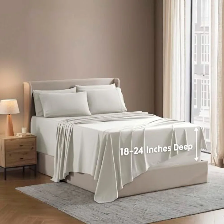 

Extra Deep Sheet Set 7 Pcs Breathable and Cooling Sheets Hotel Luxury Bedding Set w/ Inch Deep Pockets Easy and Secure Fit Supe