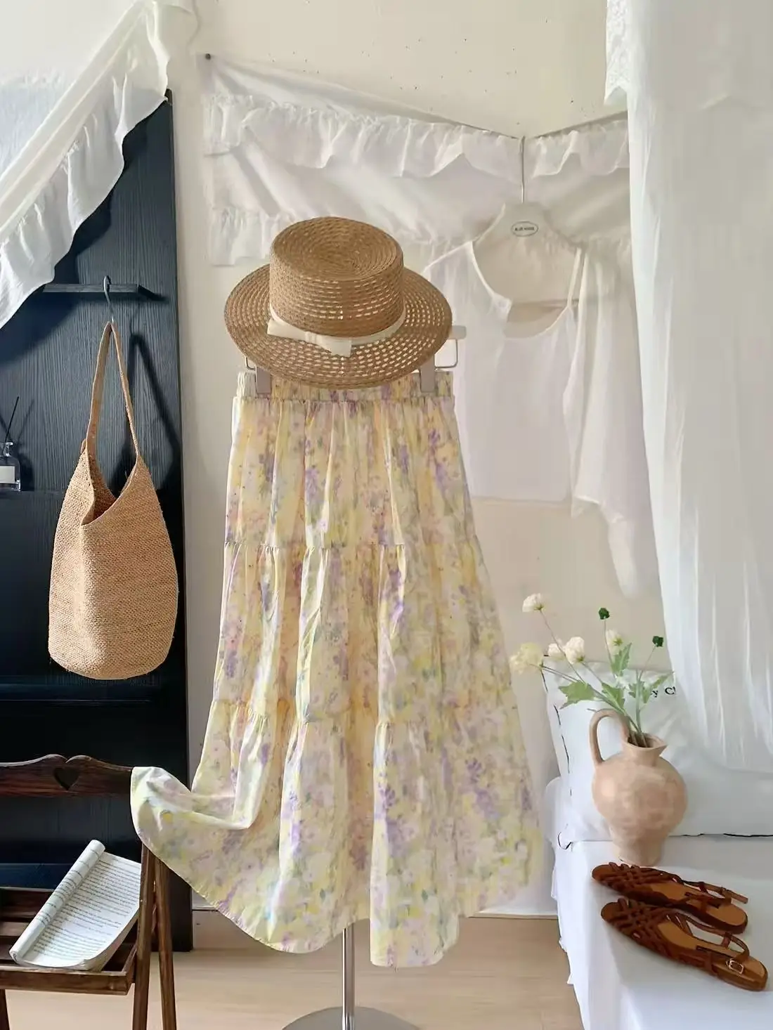 Bohemian Korean Fashion Floral Skirt Print Beach Skirts Women's Clothes High Waist A-line Midi Skirt Summer Elastic Waist Summer