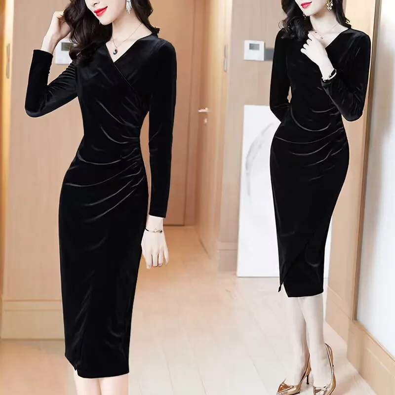 Elegant Diamond Evening Party Dress Women Oversized 4Xl Korean Slim Velvet  Dresses Luxury Vintage Long Sleeve Midi Vestido Mujer - AliExpress 200000345