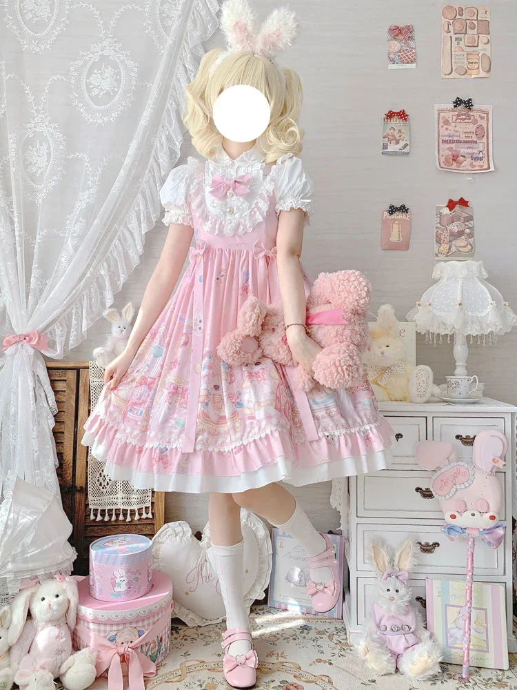 Sweet Lolita Style Square Collar Cat Printing Designer JSK Dress Bow Sleeveless Lace Ruffles Lace Girly Camisole Dress