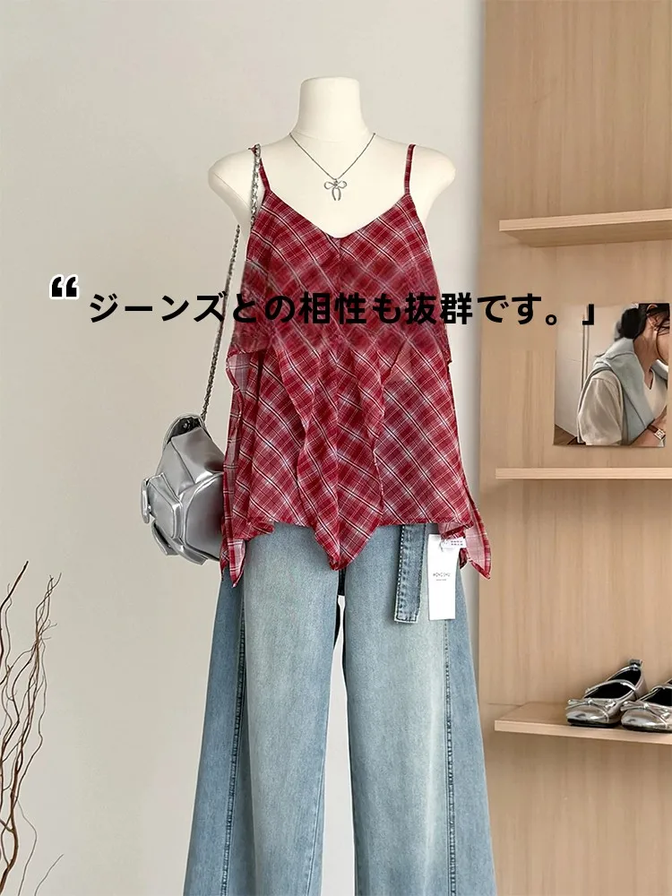 Thai Vacation Retro Slim Checkered Strap Vest Women Summer Outerwear Inner Match Sleeveless Irregular Top Thin Breathable