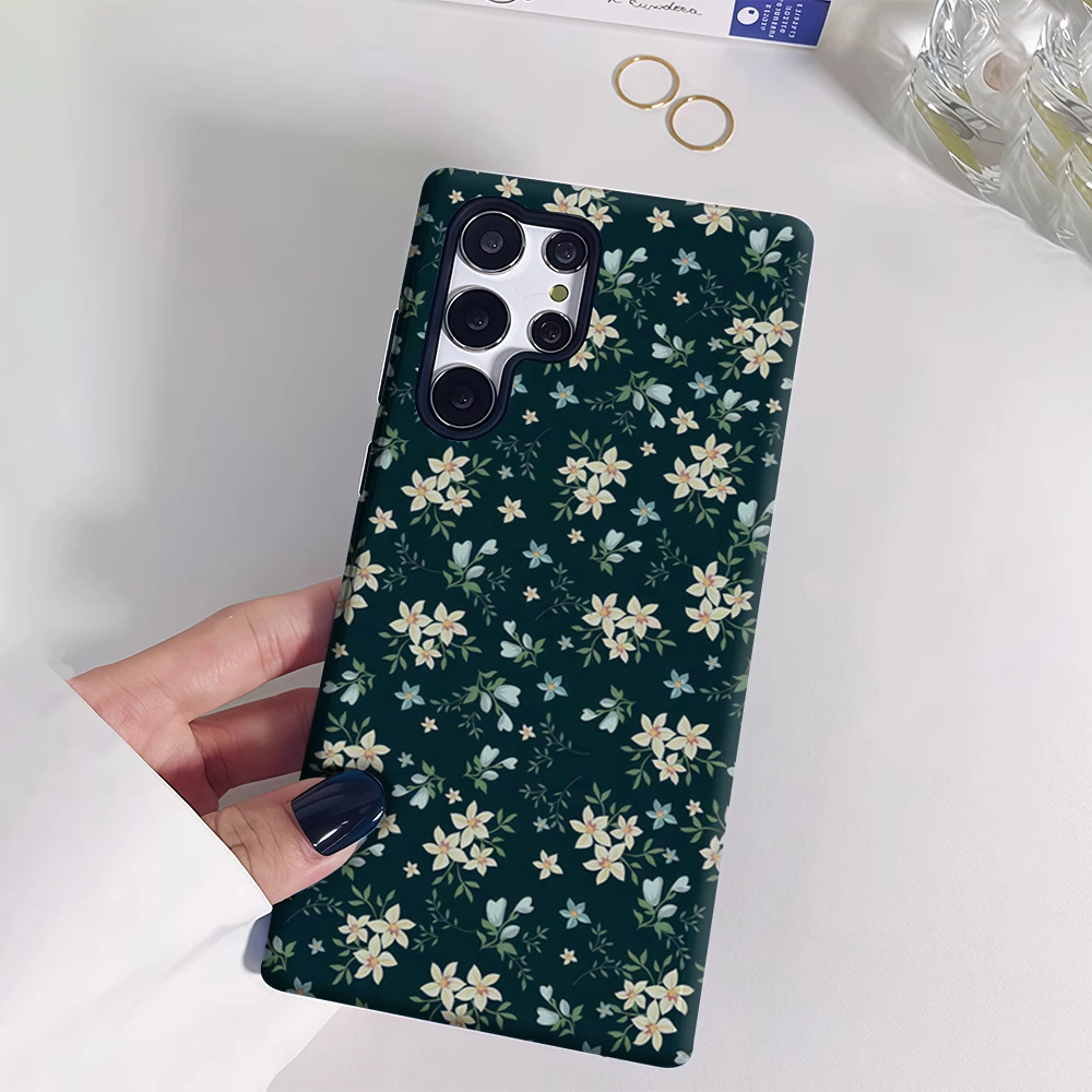 حافظة هاتف بأزهار باستيل خضراء لهاتف سامسونج جالاكسي S25 Ultra S24 S23 Ultra Plus غطاء خلفي بطبقة مزدوجة مقاوم للصدمات