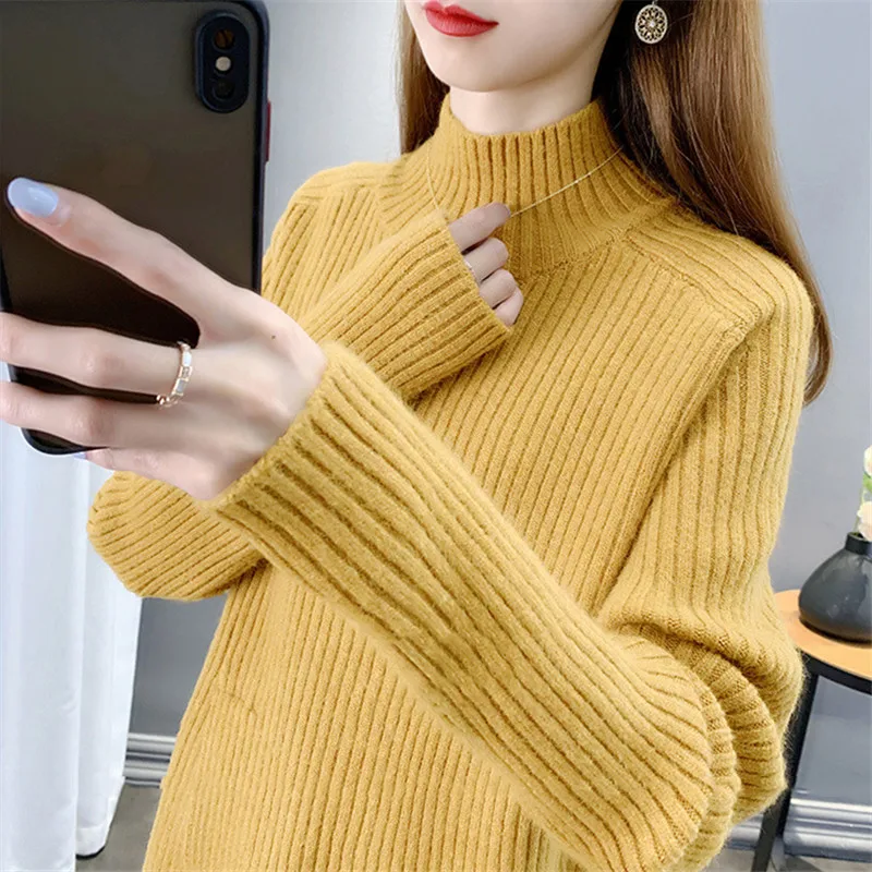 Spring Autumn High Collar Long Sleeve Hem Split Knitted Sweater Women Pullover Jumper Ladies Vintage 5 Color Knit Tops Female