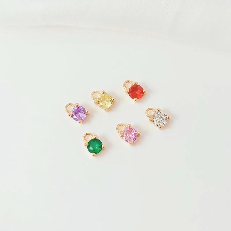 8 Pieces 14K Copper Clad Gold Four Prongs Slightly Set Round Colored Zircon Pendant Handmade DIY Bracelet Earrings Small Pendant
