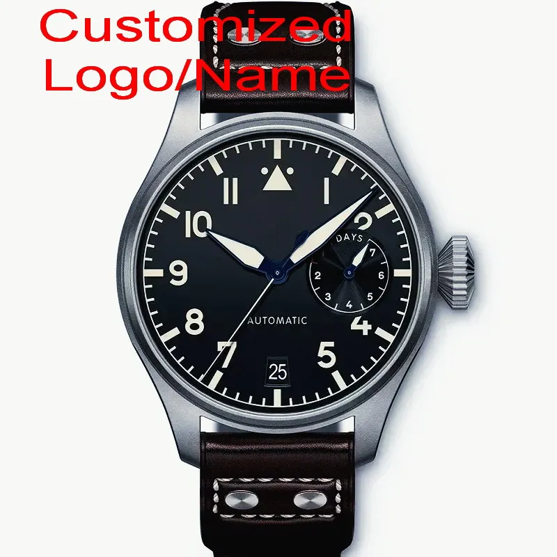 Montre personnalisée de luxe automatique mécanique de 36 mm, style pilote, bracelet en cuir marron, étanche, lumineuse, minimaliste, toutes fonctions