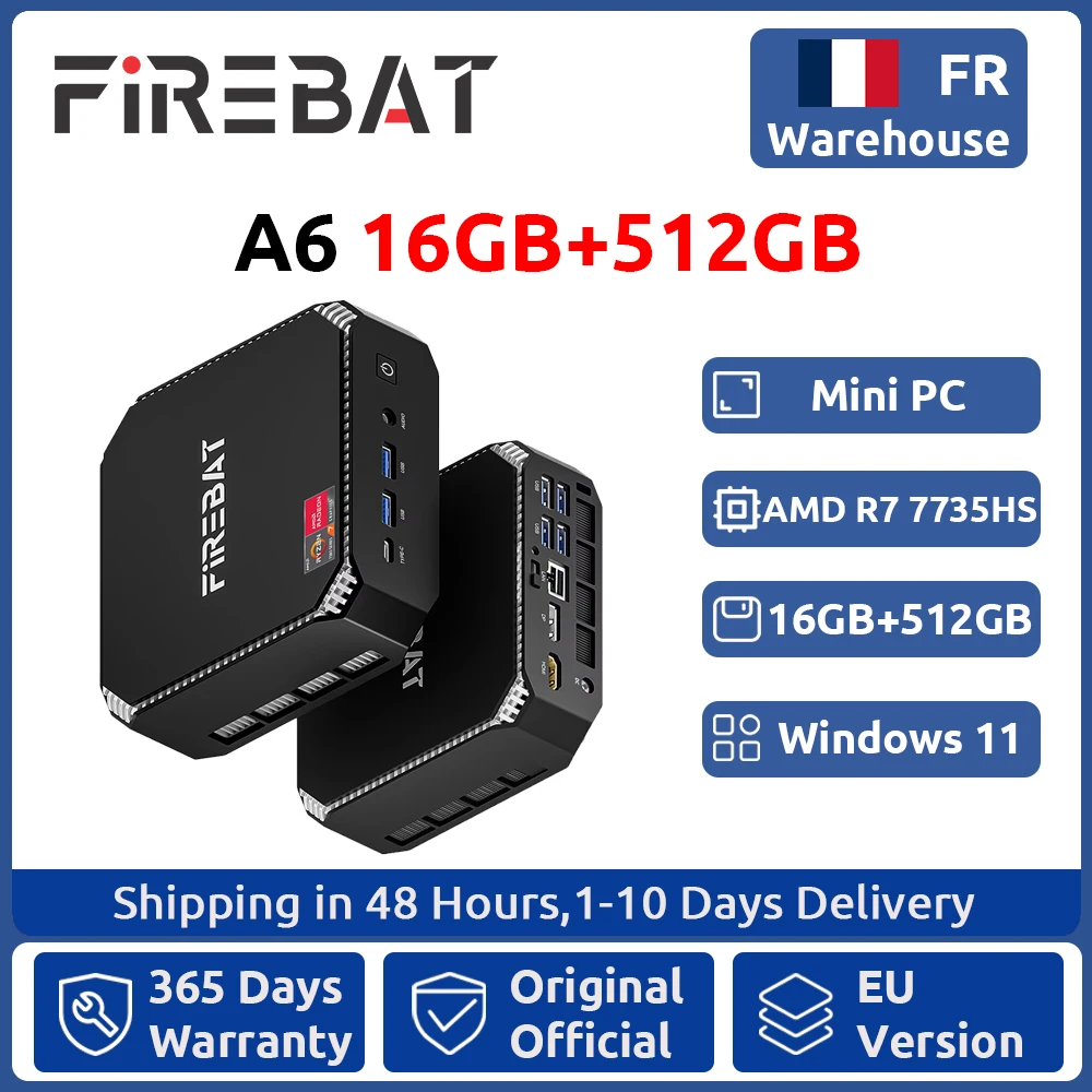 FIREBAT A6 Mini PC AMD Ryzen 7 7735HS 16GB LPDDR5 512GB SSD Radeon 680M Windows11 Pro WiFi6 2.5G Gaming PC met drievoudig scherm