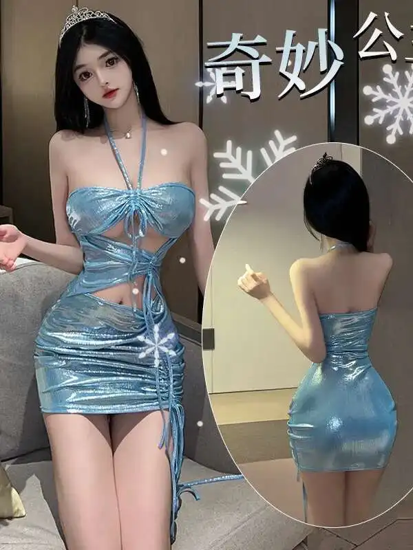 Womengaga ブルーセクシーなミニドレス不規則な包帯甘い韓国女性トップス 2024 新しい革のセクシーなドレスエレガントな QU8D