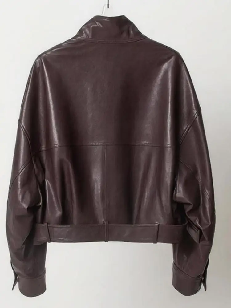 Streetwear Female Turn-Down Collar Genuine Leather Jackets Solid Color Sheepskin Long Sleeves Double-Breasted Slim Outerwear