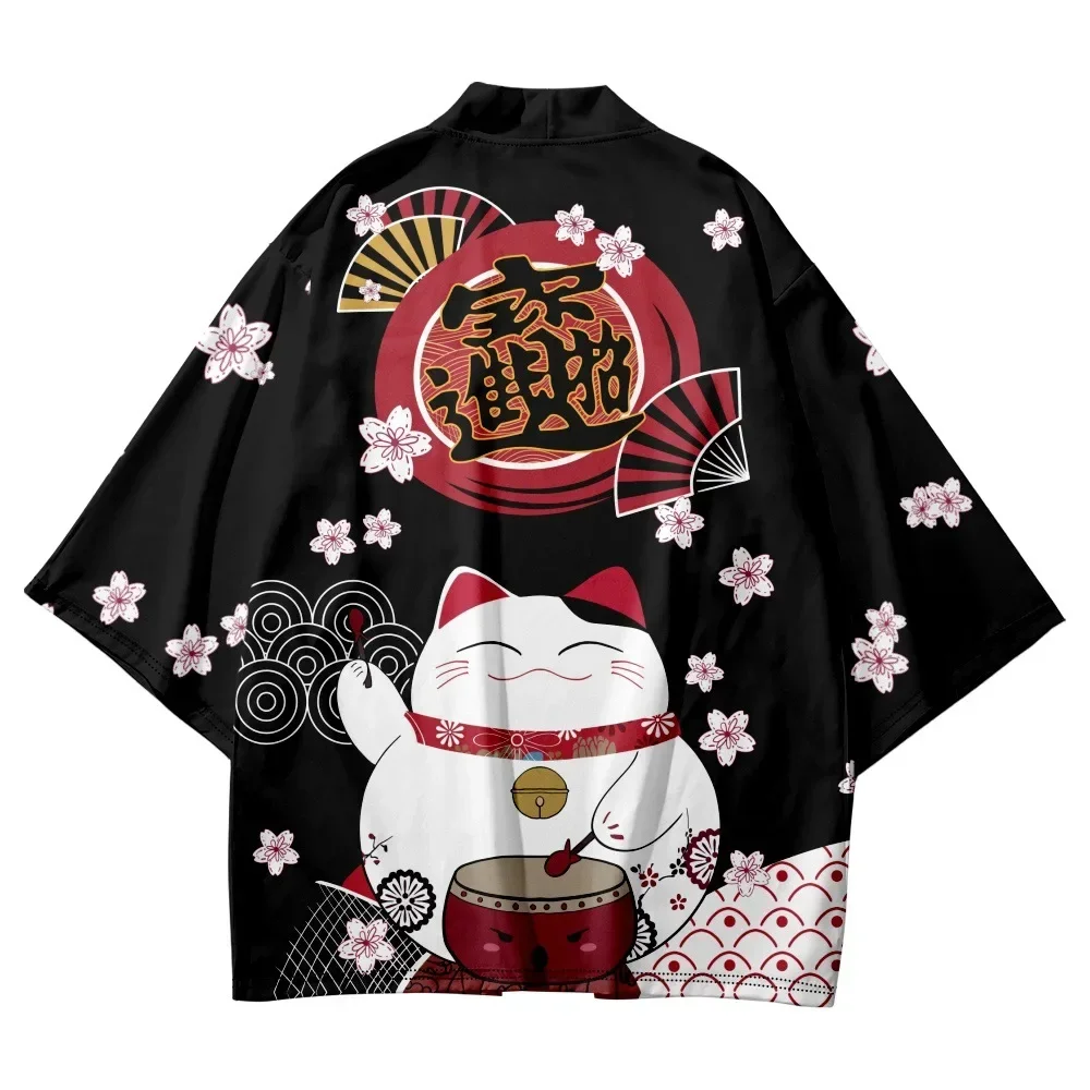 3D Printed Kimono Cardigan Mens Japanese Lucky Cat Sakura Daruma Open Front Short Sleeve Loose Streetwear Vintage Harajuku