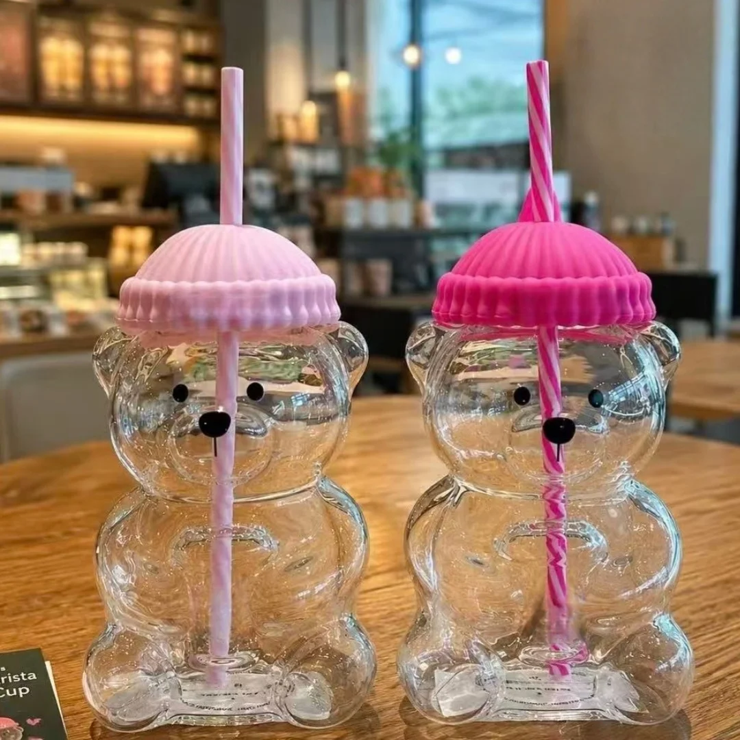 Bk Bear Shaped Glass Straw Cup Pink Transparent Tumbler For Summer Iced Coffee Drinking Gift For Outdoor Office