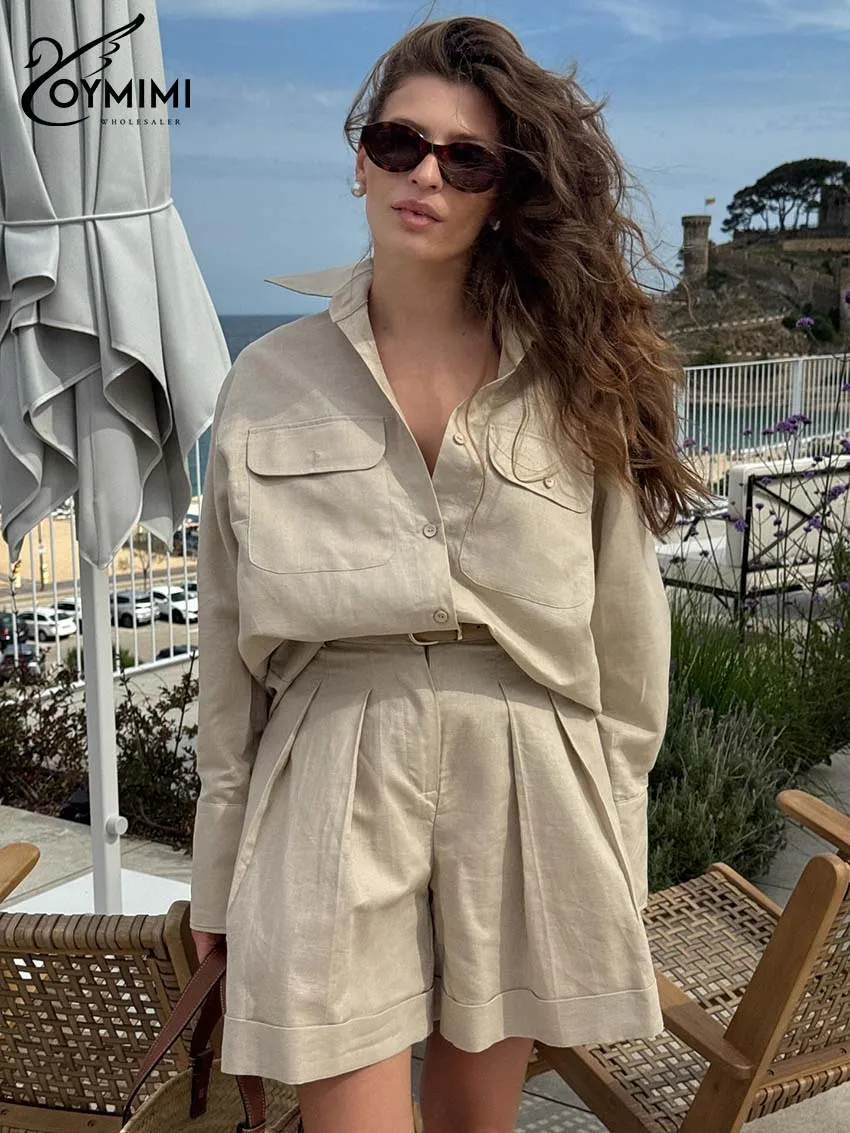 Oymimi-Conjunto informal de dos piezas de algodón caqui para mujer, camisas con botones y bolsillos de manga larga a la moda, conjuntos de pantalones cortos con cremallera de cintura alta