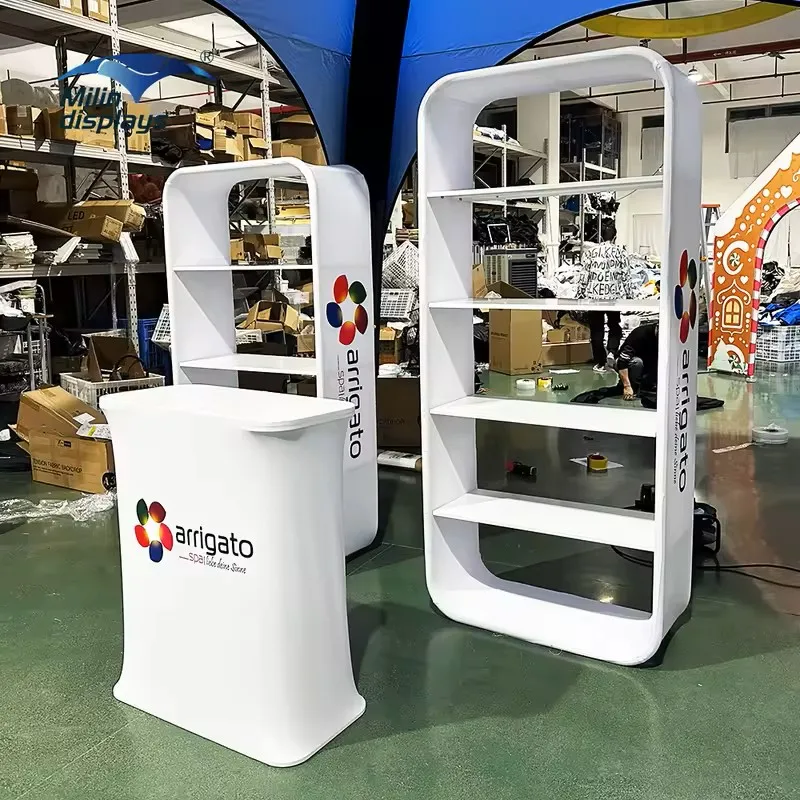 New Style Foldable Portable Aluminum Shelving Backdrop Trade Show Exhibitions Display Stand Promotional Table Reception Table