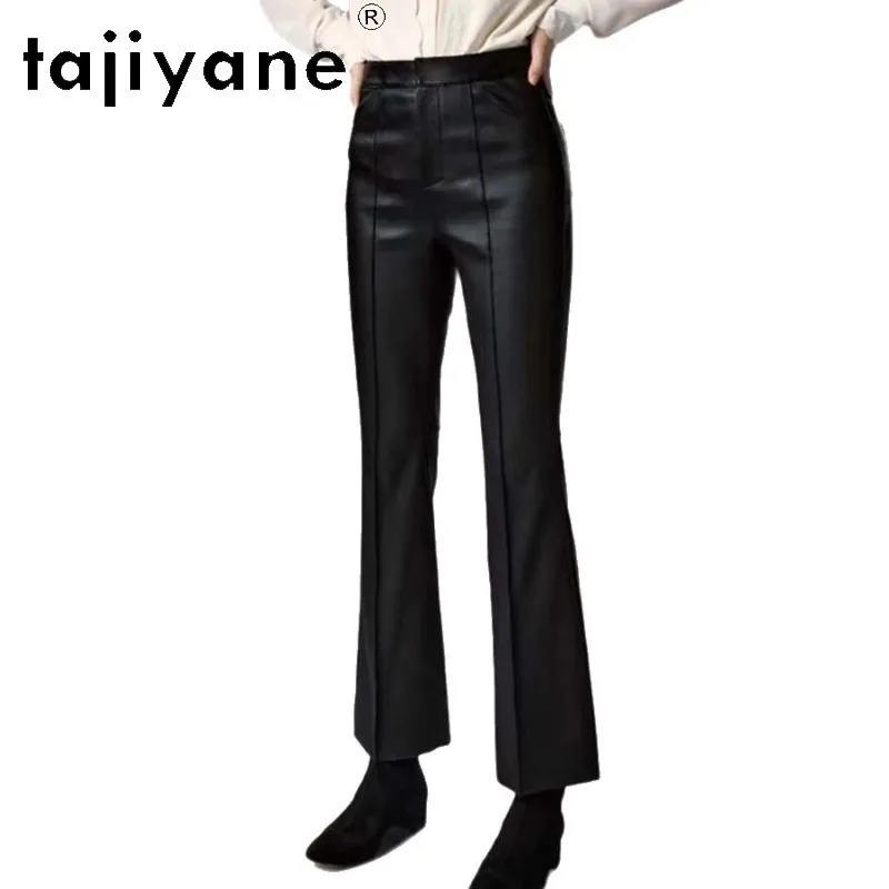 TAJIYANE Genuine Leather Pants Woman Sheepskin Black Vintage Flare Pants of Women Slim Fit Trousers High Stretch Pantalones 슬랙스