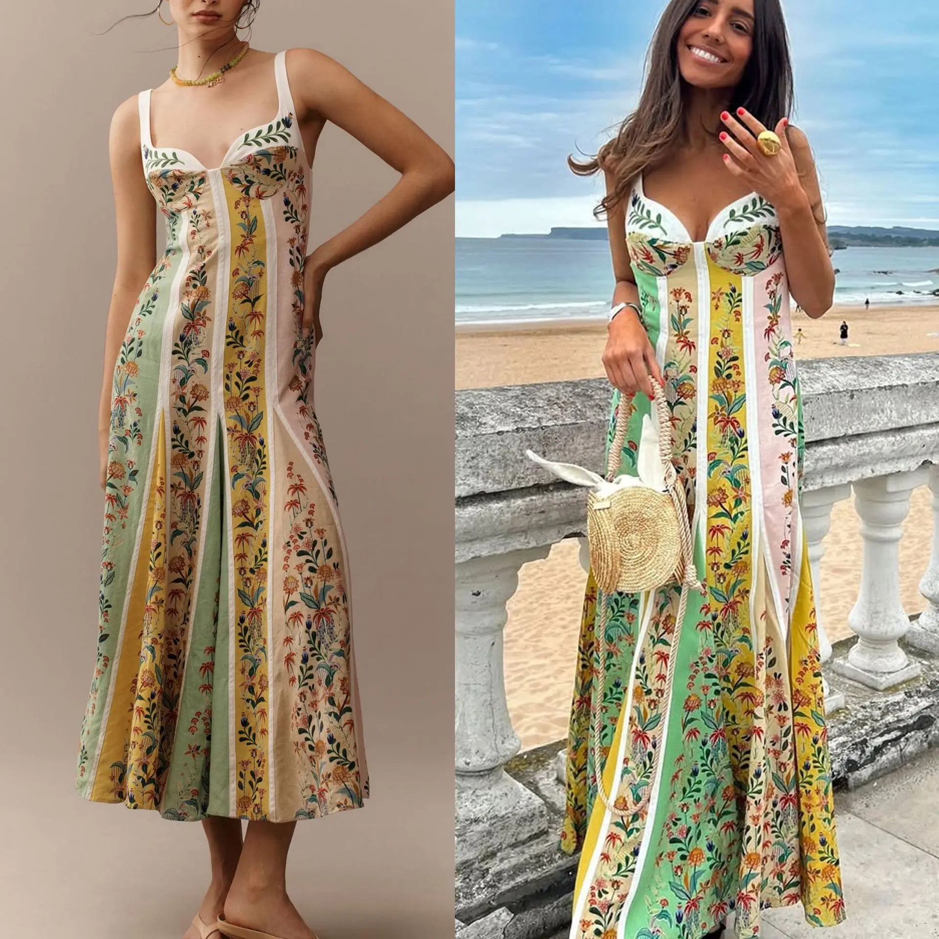 

Temperament Floral Printed Bohemian Slim Robes Casual High Waist Sleeveless Backless Long Dress Lady Elegant Pleated Linen Dress