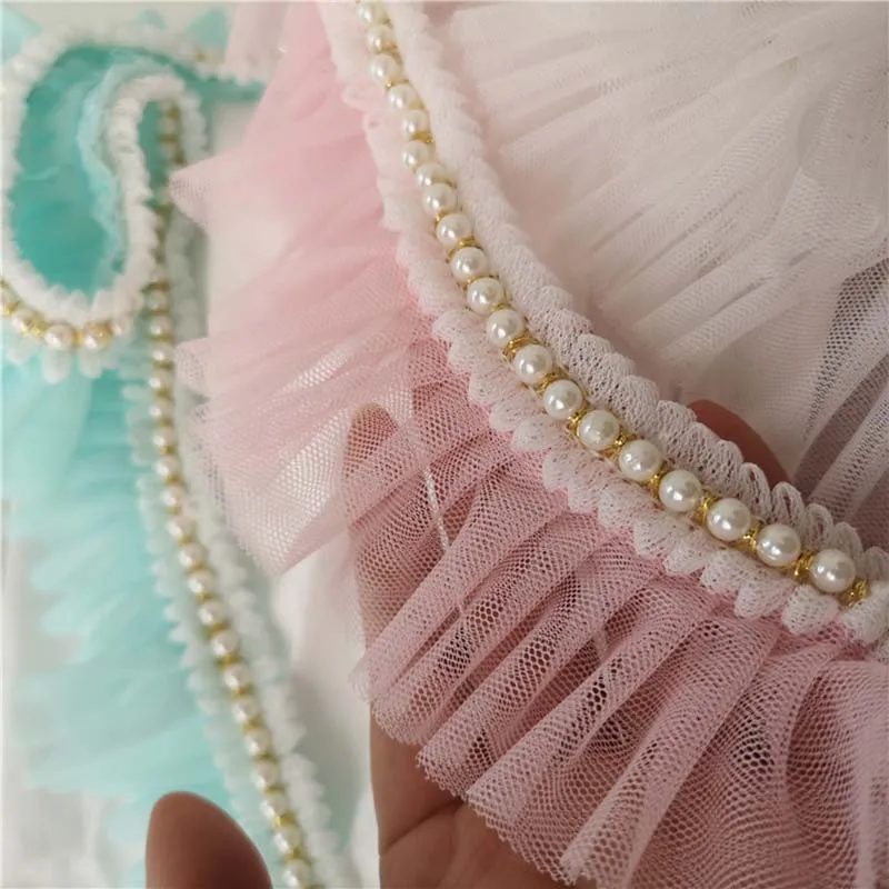 

16 ярдов, 5,5 см, лента-тесьема с плиссировкой и бисером, кружевная отделка с цветочным узором, плиссированная оборка для воротника, кружево для одежды, юбок и аксессуаров