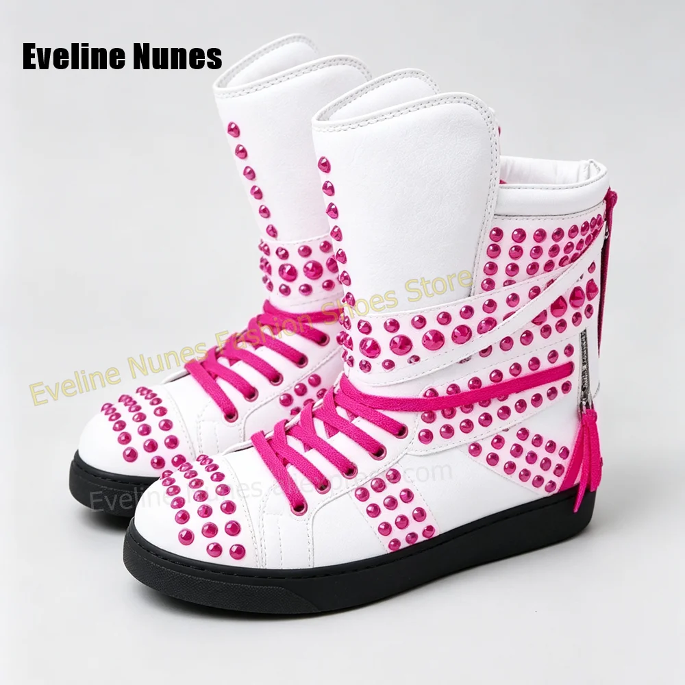 Round Toe White Lace Up Back Zipper Casual Ankle Boots Punk Rock Spiked Studded High Top Sneakers Street Style Nightclub 2026