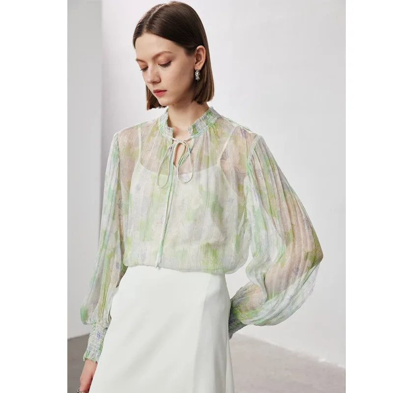 

2026 Spring Summer 100% Mulberry Silk Top Silk Shirt Women New 2piece Set Gold Silver