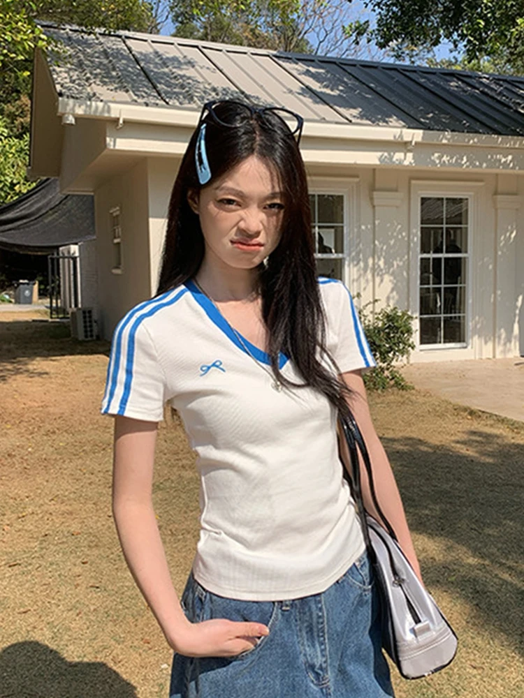 

Футболка Slim Fit ort Sve V-Ne, женская летняя корейская футболка Sweet And Spicy White Top Design Sensation Color Blo