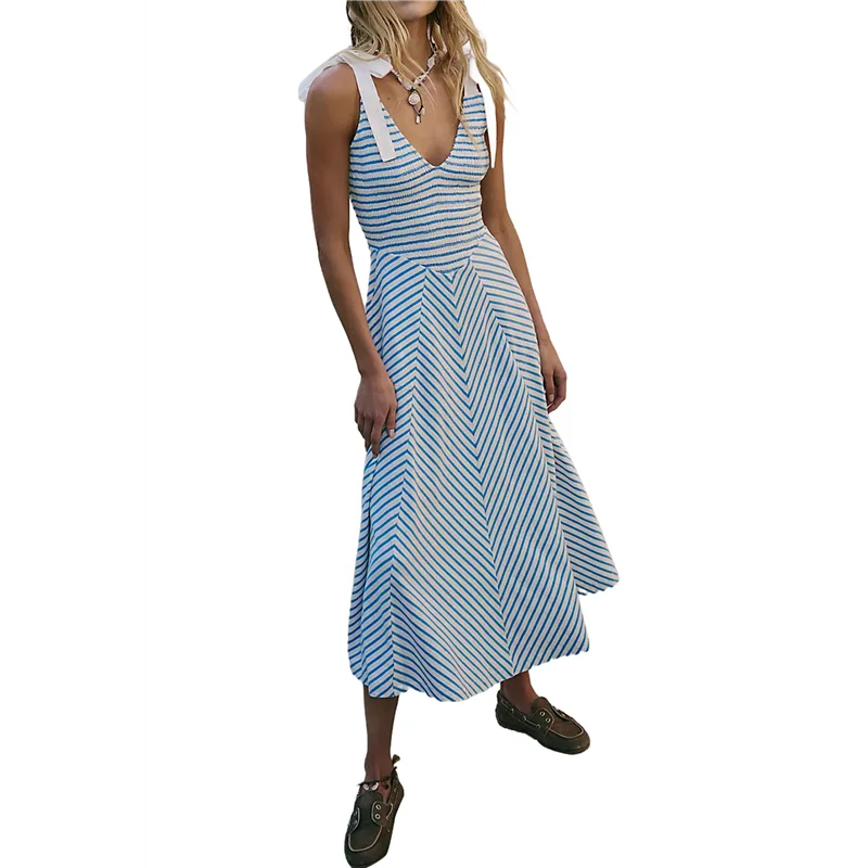 A83F-Donna Casual Estate Smocked Scollo a V Spiaggia a righe Senza maniche Vestito estivo Abito lungo fluido con tasche