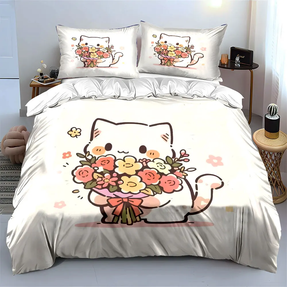 Cute cat holding bouquet illustration Printed Duvet Cover Set 1 Duvet Cover+2 Pillowcase Multi Size Bedroom Bedding Decoration