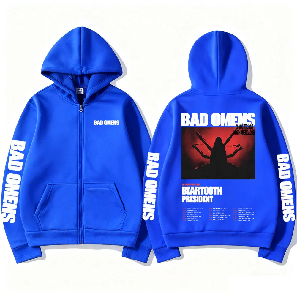 روك باند باد البشائر هل تشعر بالحب جولة 2026 قلنسوة بسحاب الرجال النساء عادية المتضخم زمم سترة الرجال خمر الشارع الشهير