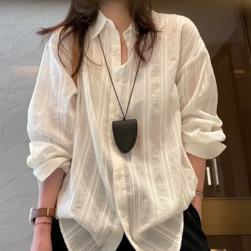 Loose Women's Long Sleeve White Striped Shirt Spring Summer Casual Loose Feeling Sun Protection Top Coat Female
