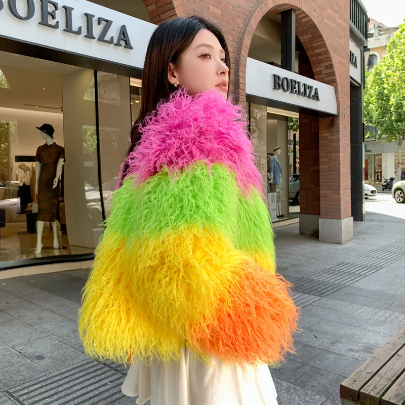 Chic Pink Green Yellow Orange Striped Contrast Rainbow Color Faux Fur Coat Imitation Mink Fur Coat Lambswool Furry Cardigan Tops