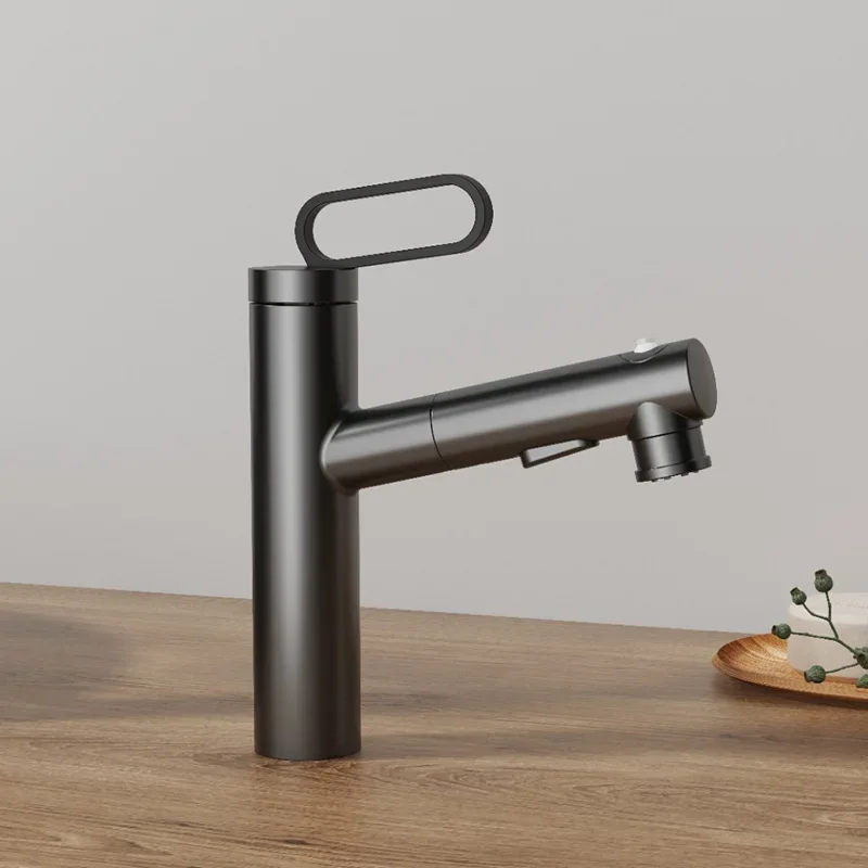 

Solid Brass Gunmetal Pull-Out Bathroom Faucet -Undermount, Hot/Cold High Pressure, Leak-Proof, Easy Install Single Handle Design