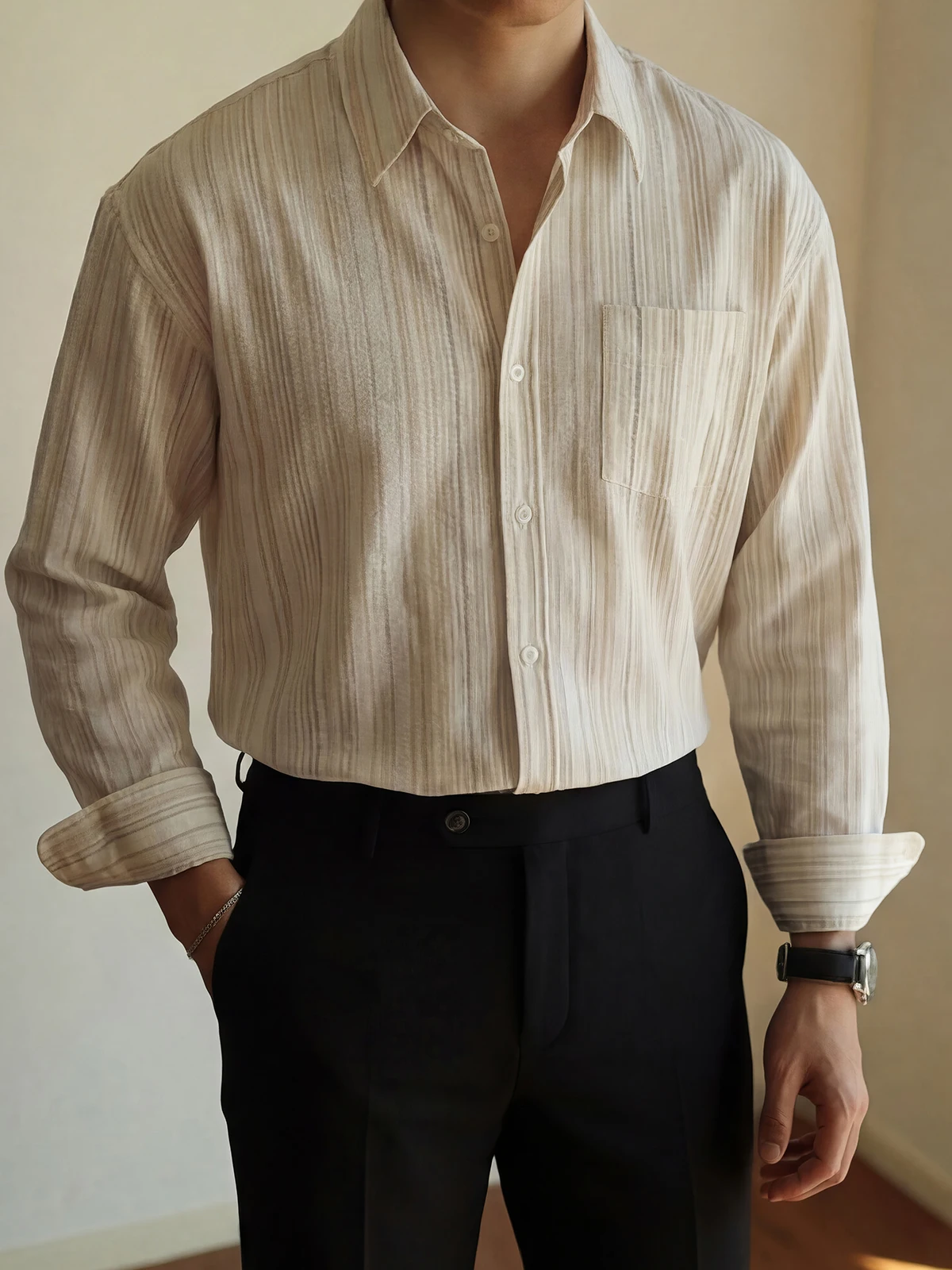 

Ele American Sle Long Sve Men's irt Khaki Stripe Casual Busin Casual Wear Iron Free Classic Collar Spring Autum...