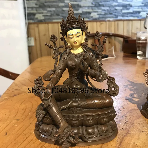 10CM Tibet Face Painted ‌Green Tara Goddess Mother Buddha Copper Statue