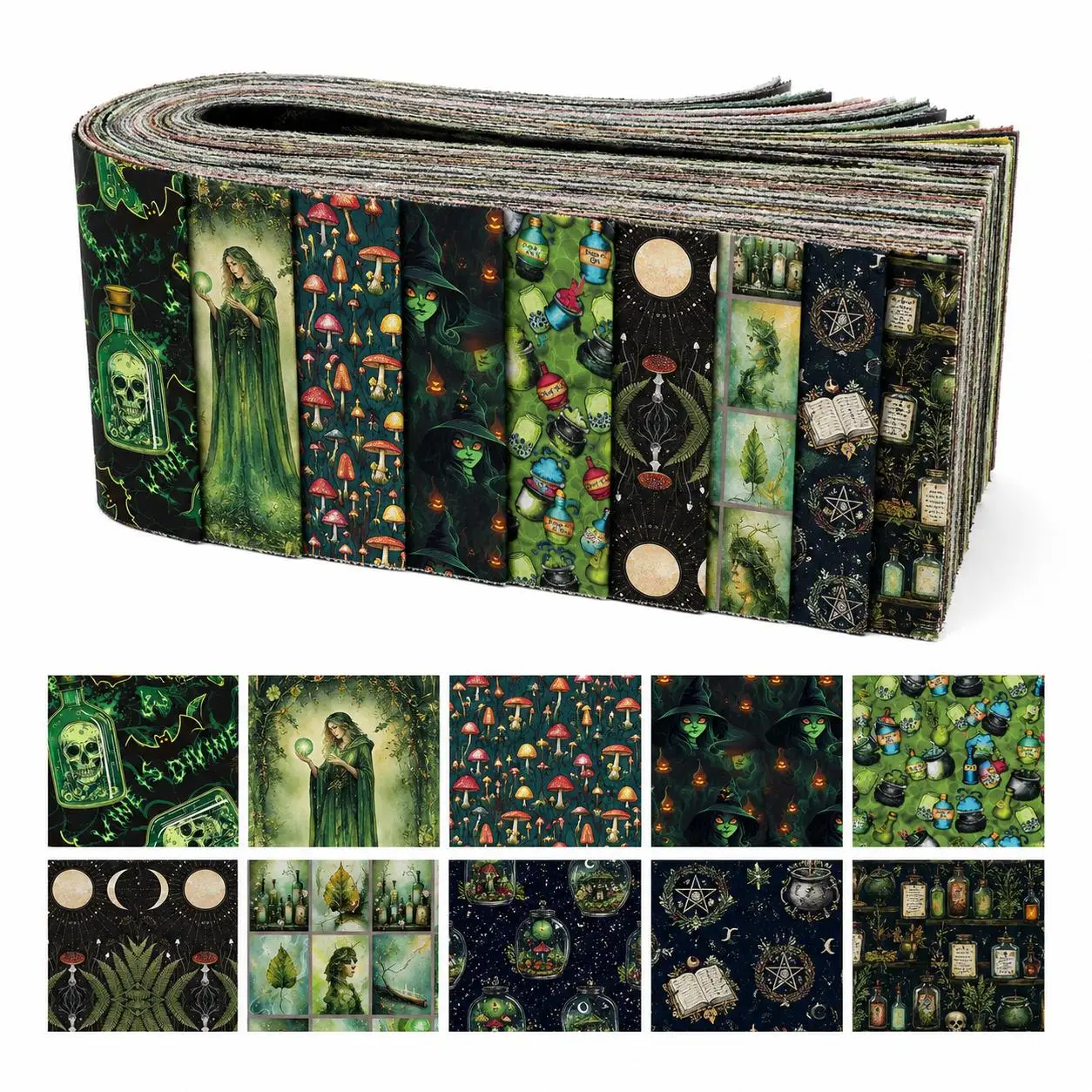 10pcs Wishing Bottle Skull Jelly Roll Fabric Strips 2.5X19.7inch Pre-cut Polyester for Patchwork Quilts, Table Runners, Placemat