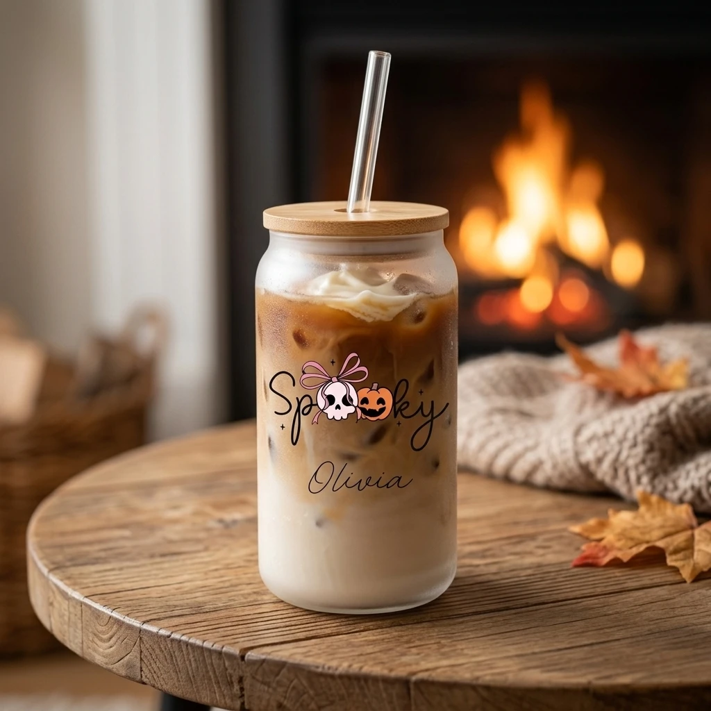 맞춤 이름 할로윈 유리컵, 대나무 뚜껑과 빨대 포함,  - Coffee Equipment Names 리뷰 및 가격