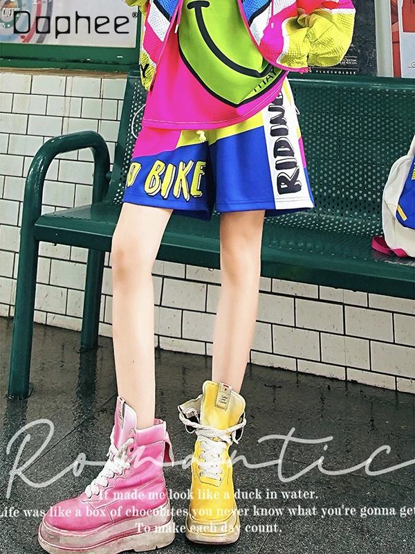 

Sapphire Blue Color Casual Shorts Spring and Summer New Contrasting Colors Splicing Pattern Loose Sports Beach Pants Women