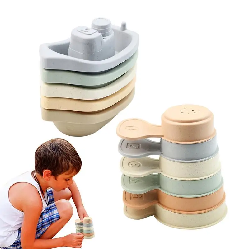 

Baby Bath Toys With Bathing Spoons Stacking Boat Toys Colorful Early Education Intelligence Toys Gifts For 1-3 Years Old Kids