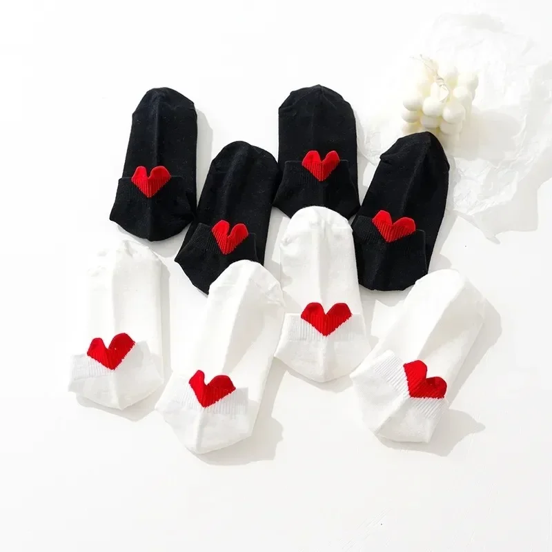 5 pares de calcetines tobilleros bonitos y dulces con tacón de corazón para mujer, calcetines invisibles encantadores de algodón de tubo bajo, calcetines cortos de barco de estilo universitario