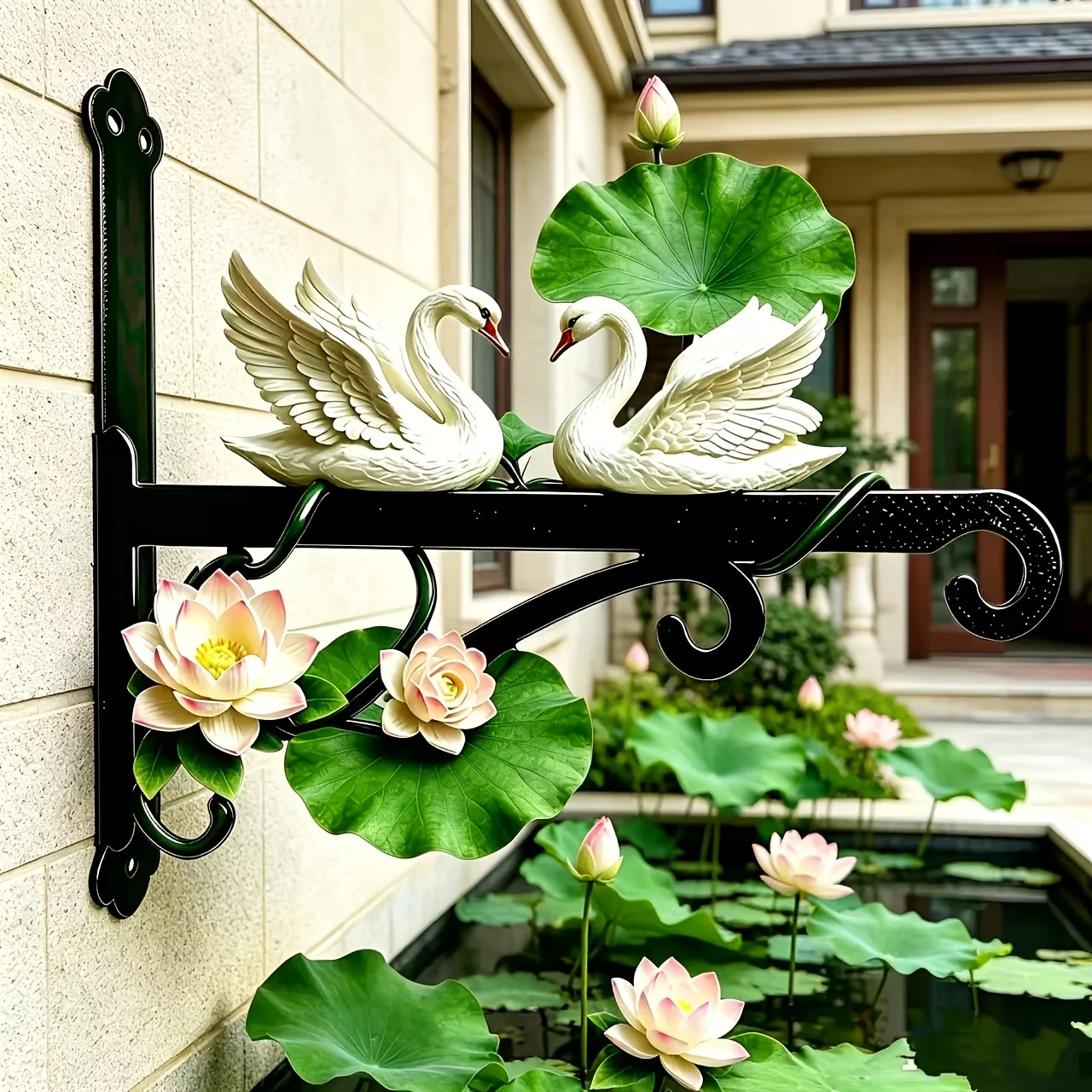 Metal Swan and Lotus Theme Wall-mounted Outdoor Hooks, Brightly Colored, Double-sided Painted, Rust-proof and Sun-proof