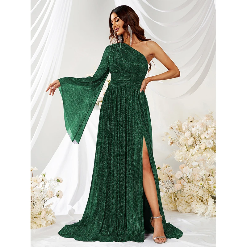 Women sexy Elegant One shoulder split Vestido de festa Summer 2023 Flare sleeve Backless Evening Prom Maxi Long dress