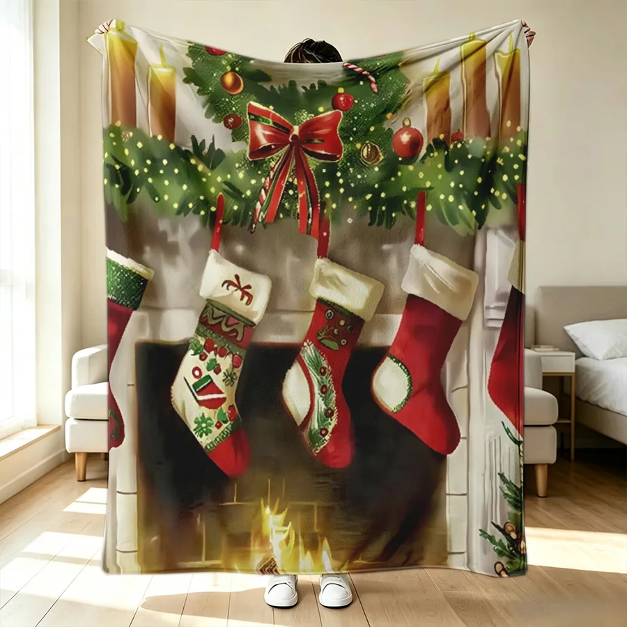 Merry Christmas Fireplace Socks Print Flannel Throw Blanket, Distinctive 2D Flat Single-Sided Printed Holiday Blanket